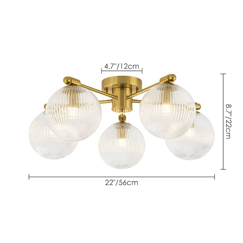 22 in. 5-Light Modern Brass Clear Ribbed Glass Globe Semi-Flush Mount Ceiling Light - 22.05 in. diameter x 8.66 in. height