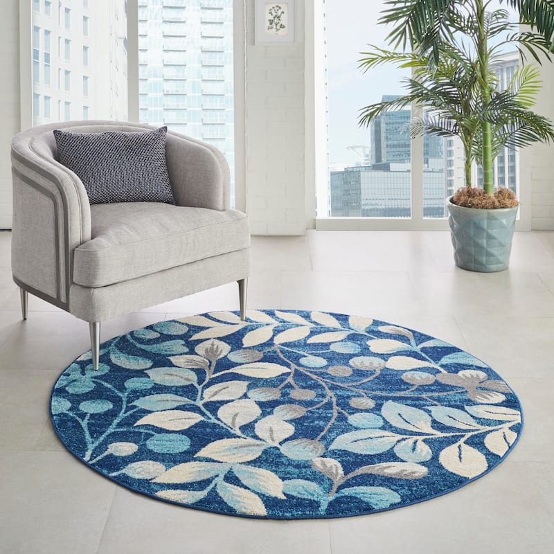 Nourison Tranquil Abstract Floral Leaves Botanical Area Rug - 5'3" Round - Navy Blue - Round
