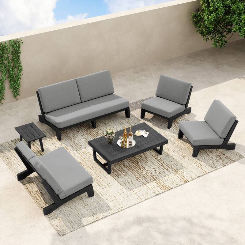 8-Piece Outdoor Sofa Set with Loveseat, 2 Club Chairs & Matching Tables - Grey/Black Wood - Separate cushion