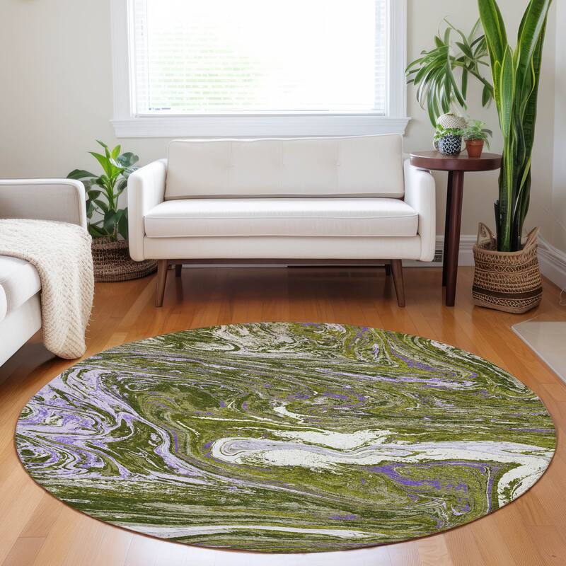 Machine Washable Indoor/ Outdoor Abstract Brushstroke Chantille Rug - Olive - 8' x 8'
