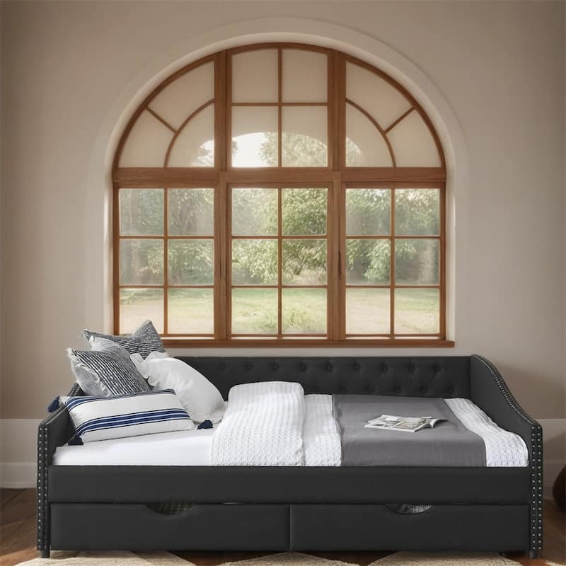Queen Size Upholstered Tufted Daybed with Drawers and Copper Nail