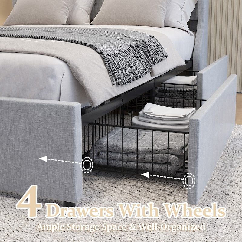 Bed Frame with Storage Drawers and Wingback Headboard