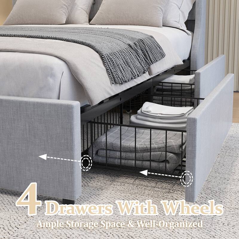 Grey Queen Size Upholstered Bed with Wingback Headboard, 4 Storage Drawers, Button Tufted Design