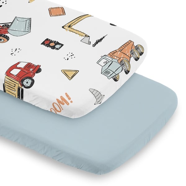 slide 2 of 6, Sweet Jojo Designs Red and Blue Construction Truck Boy 2 Pack Baby Bassinet Fitted Sheets Transportation Bulldozer Tractor Crane