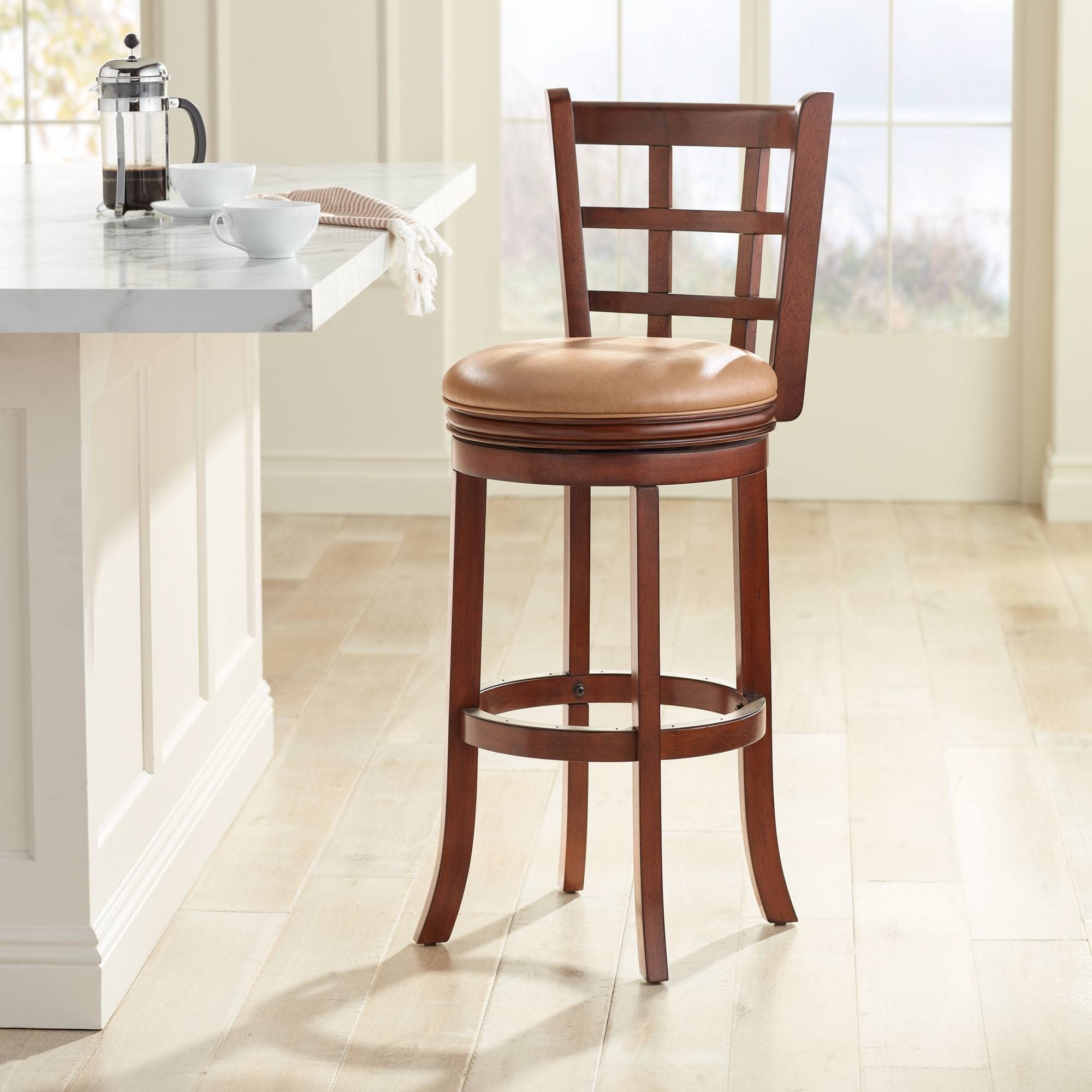 55 Downing Street Lennox Mahogany Wood Swivel Bar Stool Brown 24 3 4 High Country Rustic Tan Faux Leather as picture Bed Bath Beyond 37836703