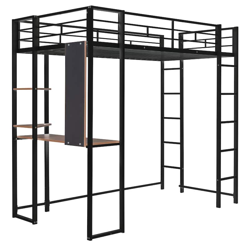 Metal Loft Bed with 2 Shelves and 1 Desk