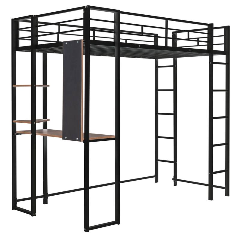 Twin Size Metal Loft Bed with Desk and Shelves, Black Finish