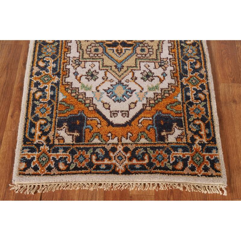 Geometric Beige Heriz Serapi Runner Rug Hand-Knotted Wool Carpet - 2'5"x 8'1"