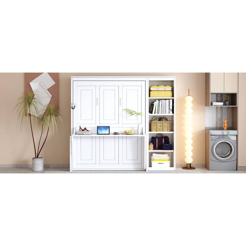 Space-Saving Full Size Murphy Bed with Integrated Desk and Bookshelf in White