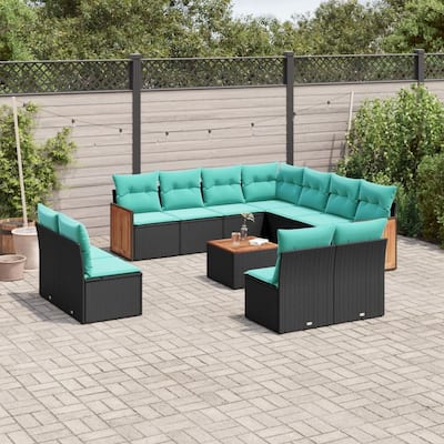 vidaXL 12 Piece Patio Sofa Set with Cushions Black Poly Rattan - 21.7x27.2x24.4-With table