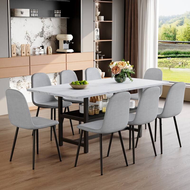 9-Piece Modern Dining Table Set with Storage, 71x35.4 Inch Wood Grain Table & 8 High-Resilience Fabric Chairs - Light Gray,White+Black