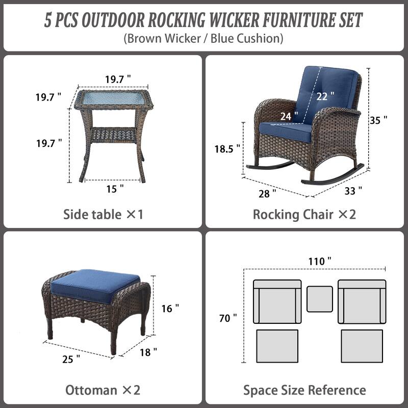 Outdoor Rocking Chairs Set with Ottomans - Brown