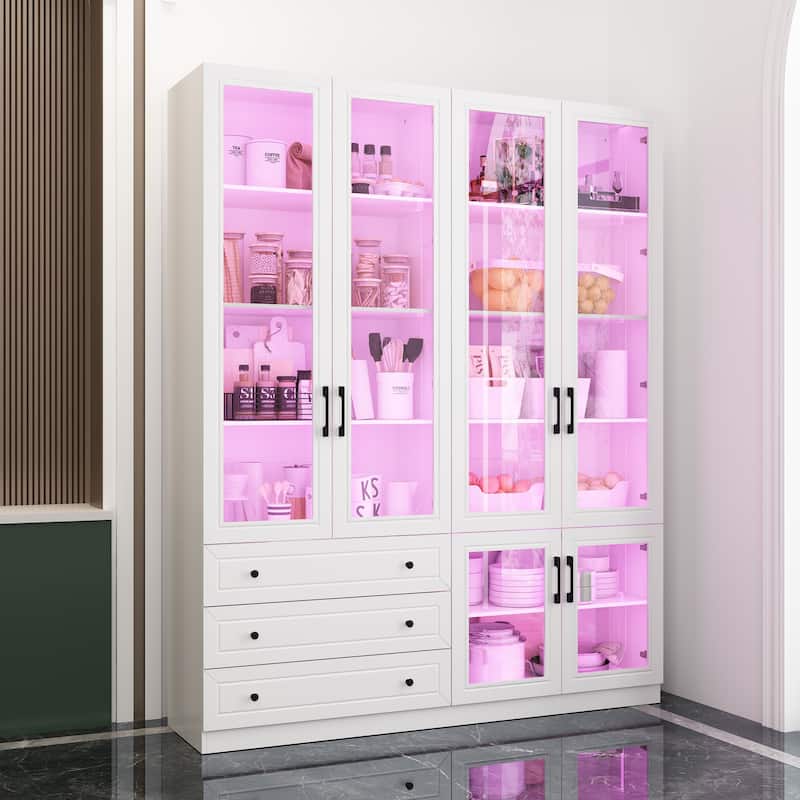 White Storage Solution with Ambient Light Features Pantry Bookshelves - 63"X78.7“