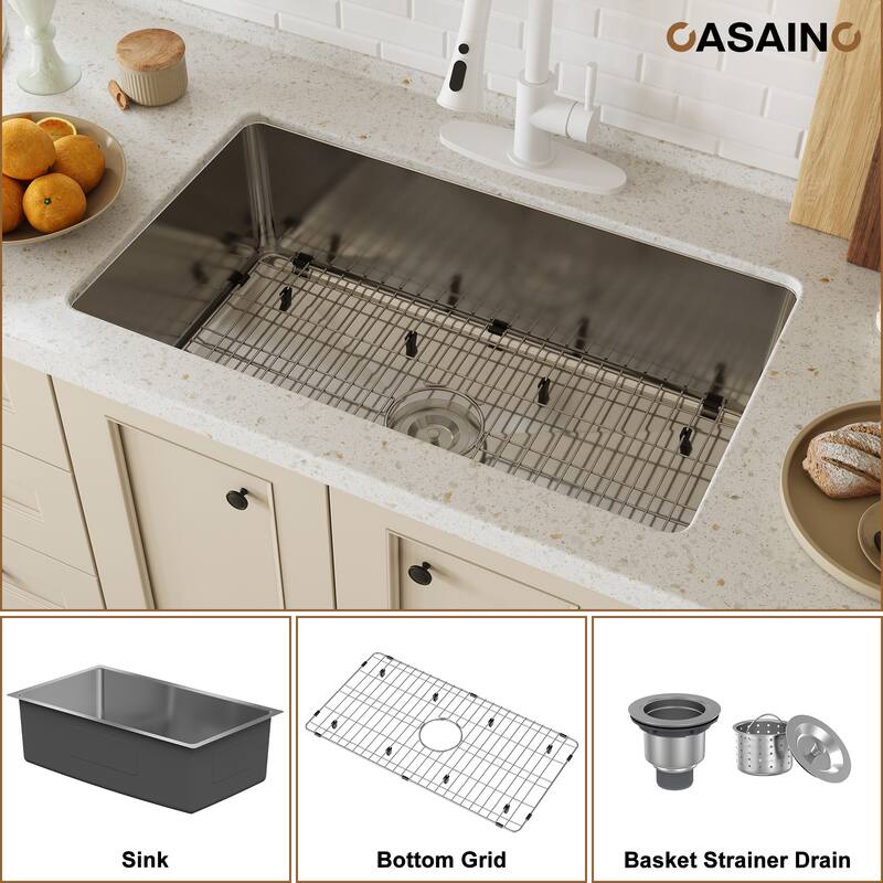 31 in. Undermount Single Bowl 18 Gauge Stainless Steel Kitchen Sink with Bottom Grid and Basket Strainer, cUPC Certified