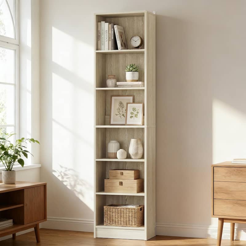 80"H Tall 6-Tier Bookcase With 2 Adjustable Shelves，Modern Open Storage Shelf for Home Office and Bedroom - White Oak