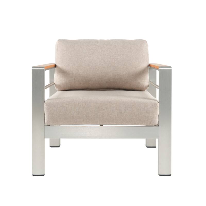 Roomfitters Cora Outdoor Aluminum Club Chairs with Olefin Fabric Cushions, Silver and Beige - Single Unit