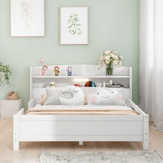 Classic Full Size Platform Kids Bed Frame with LED Light, Multi-functional Storage Headboard and Safety Guardrail, White
