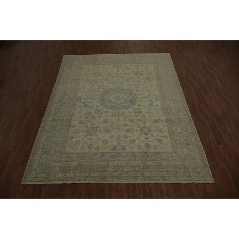 Hand Knotted Oriental 100% Wool Carpet Transitional Floral Beige & Ivories Khotan Area Rug - 12' 1'' X 9' 3''