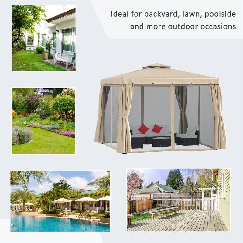 Khaki Aluminum Steel Polyester Outdoor Gazebo Tent with Mesh and Curtains