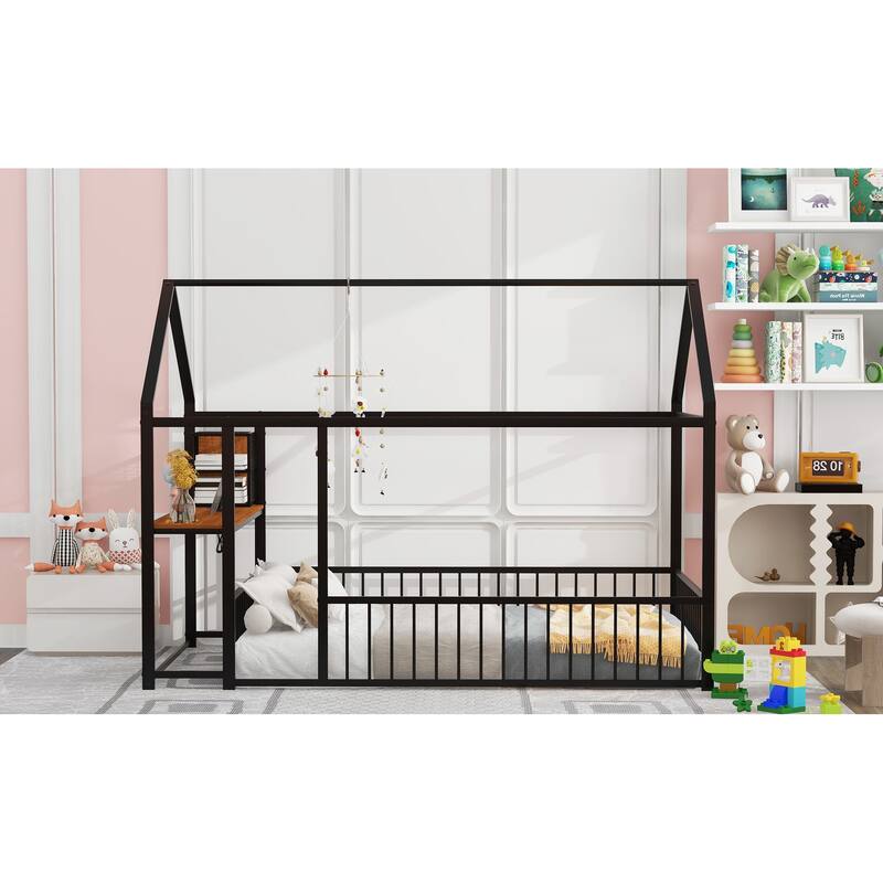 Full Size Metal House Bed with Desk, Shelving, USB Charging Ports & Power Outlets - Stylish and Functional