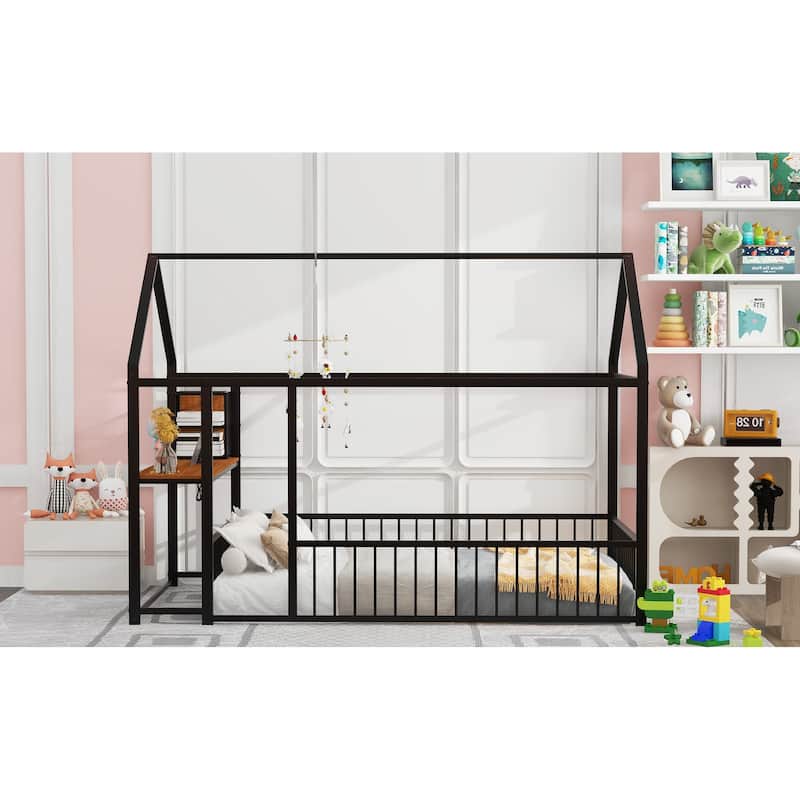 Full Size Metal House Platform Bed Frame with Built-In Desk, USB Charging And Storage Shelves