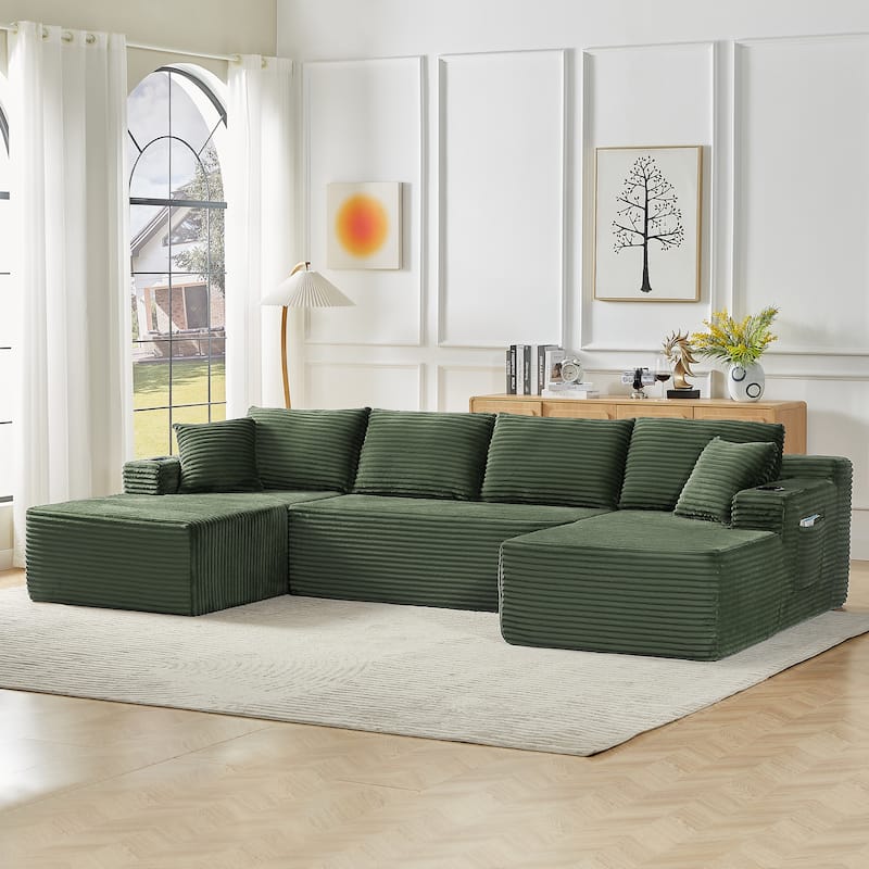 Minimalist Modular Lounge Couch U-shaped Sectional Sofa with Chaise, Corduroy Sleeper Sofa Bed with Side Pockets and Cup Holders