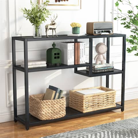 43 Inch Console Table,Small Black Entryway Table with Storage Shelves,Entrance Table Behind Couch Table