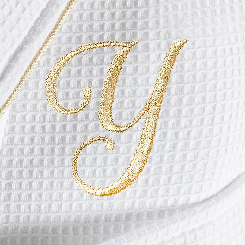 Authentic Hotel and Spa White/Gold Unisex Turkish Cotton Waffle Weave Terry Bath Robe with Gold Script Monogram - L/XL - Y
