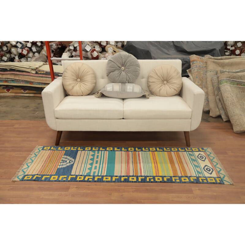 Hand Woven Oriental 100% Wool Carpet Southwestern Tribal Multi-Colored Kilim Runner Rug - 6' 0'' X 2' 2''
