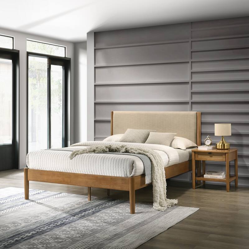 Vichy 5-Piece Rubberwood Bedroom Set with Textured Polyester Upholstered Queen Bed, Dresser, Mirror, Nightstand, and Chest - Walnut