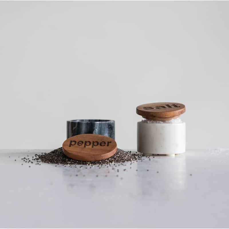 Black & White Marble Salt & Pepper Pots with Wood Lids (Set of 2 Styles)