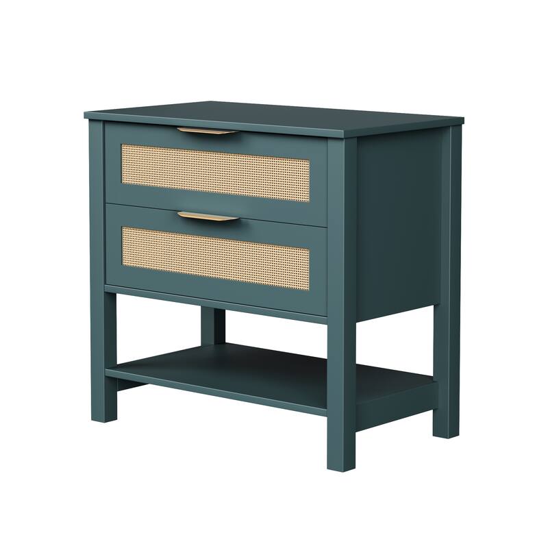 Rattan Nightstand with 2 Drawers and Storage Shelf Boho Bedside Narrow Side Table for Bedroom
