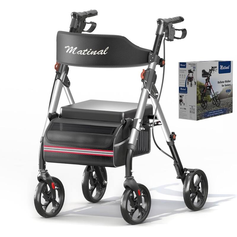 Matinal Foldable Rollator Walkers with Seat for Seniors, 350 lb Capacity, 8'' Big Wheels, 6-Position Height - Silver