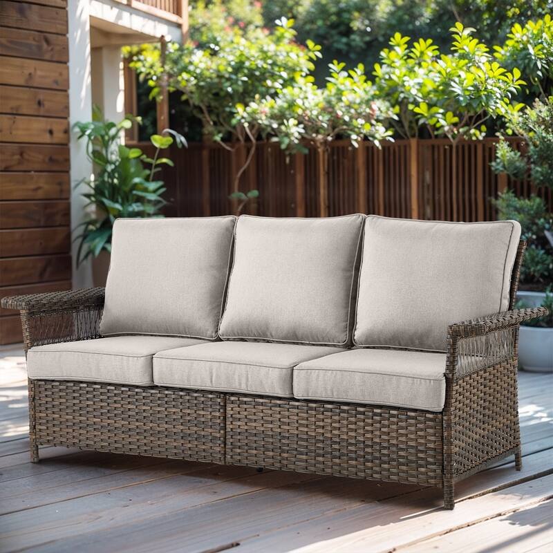 Gymojoy Premium Outdoor 3-Seat Rattan Sofa with Comfortable Cushions - 1-Piece - Beige