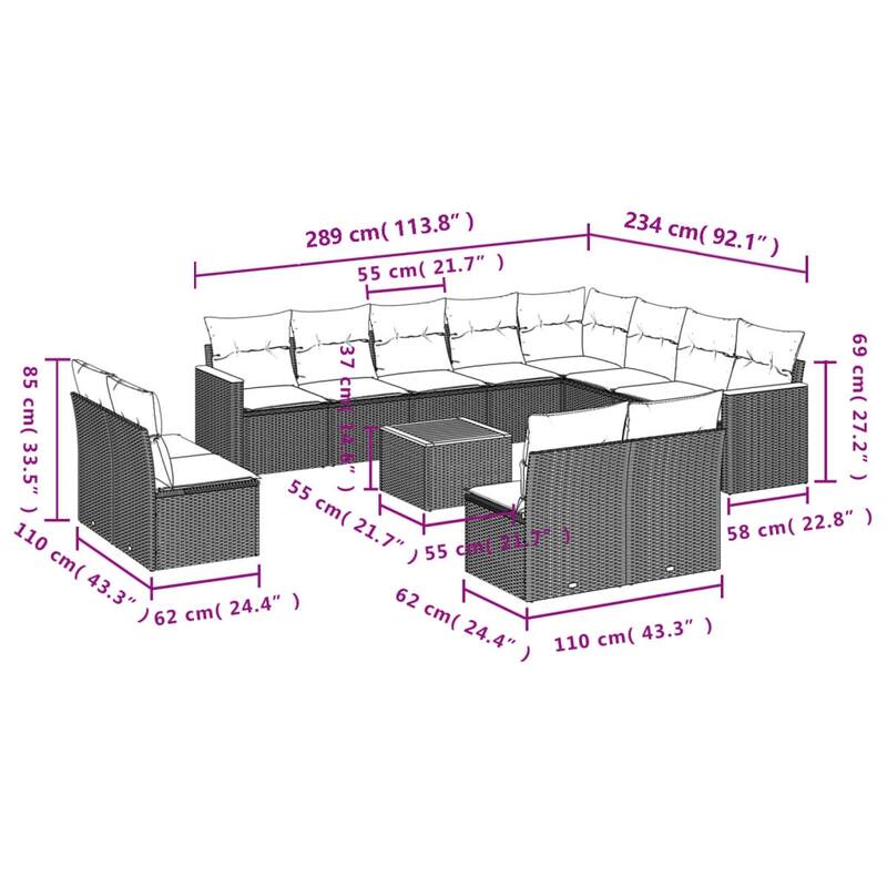 vidaXL Patio Sofa Set with Cushions Outdoor Conversation Furniture Poly Rattan - 24.4 x 24.4 x 27.2 in