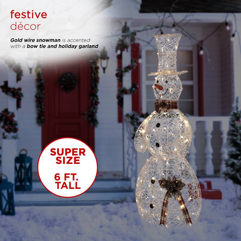 Alpine Corporation Gold Wire Holiday Décor Snowman with Warm White LED Lights