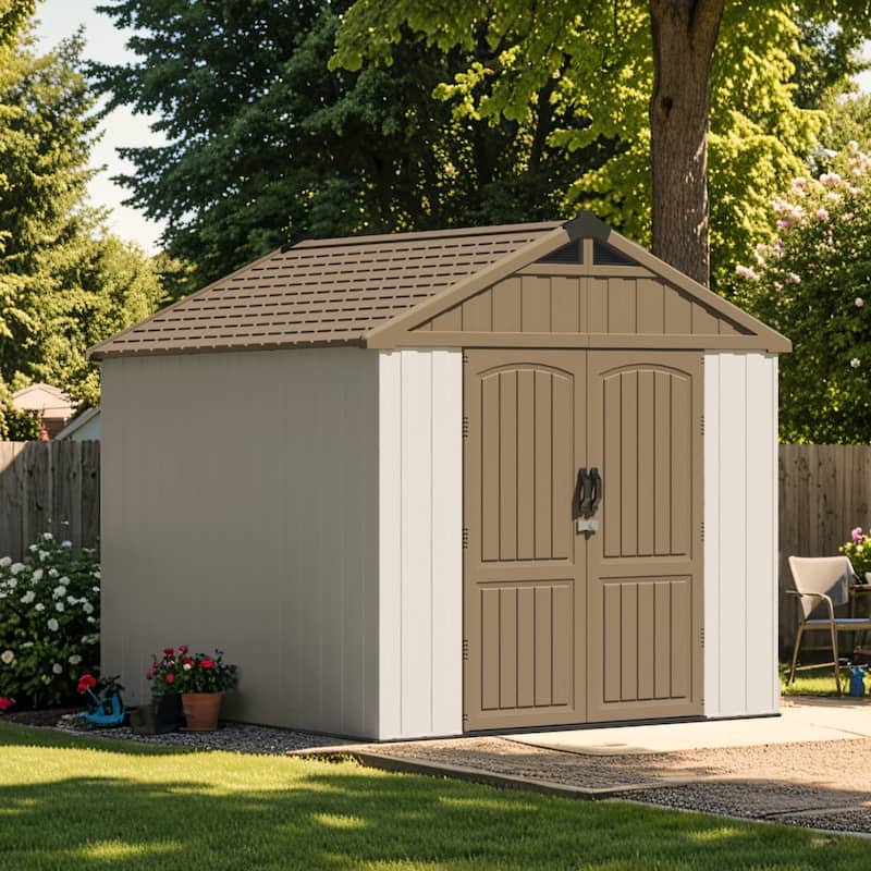 Patiowell 8' x 6' / 8' x 8' / 8' x 10 '/ 8' x 12' Plastic Outdoor Shed With Floor for Patio Furniture, Tools (Kick-It Shed)