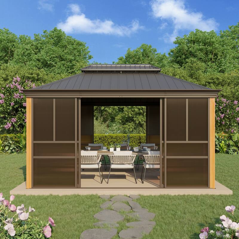 Outdoor Solarium Sunroom,Patio Hardtop Gazebo,All-Season Aluminum Patio Gazebo with with Sliding Doors and Screens