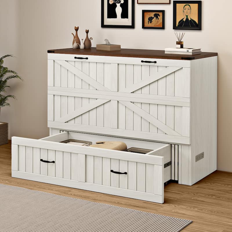 Moasis Farmhouse Full Size Murphy Bed Cabinet with Charging Station, Large Storage Drawer