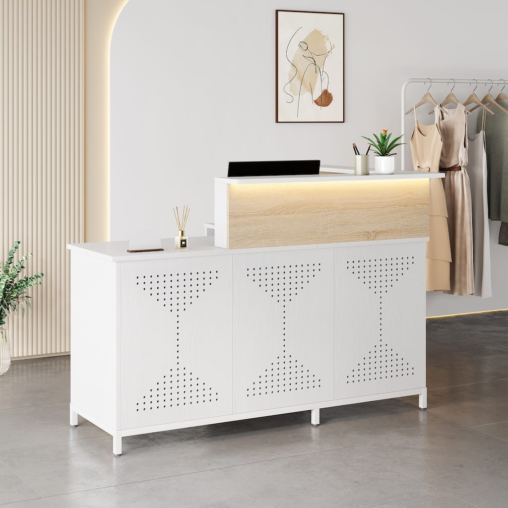 Modern L-Shaped Reception Desk with LED Lights, 60 Inches Front Counter Table for Office, Lobby, Beauty Salon