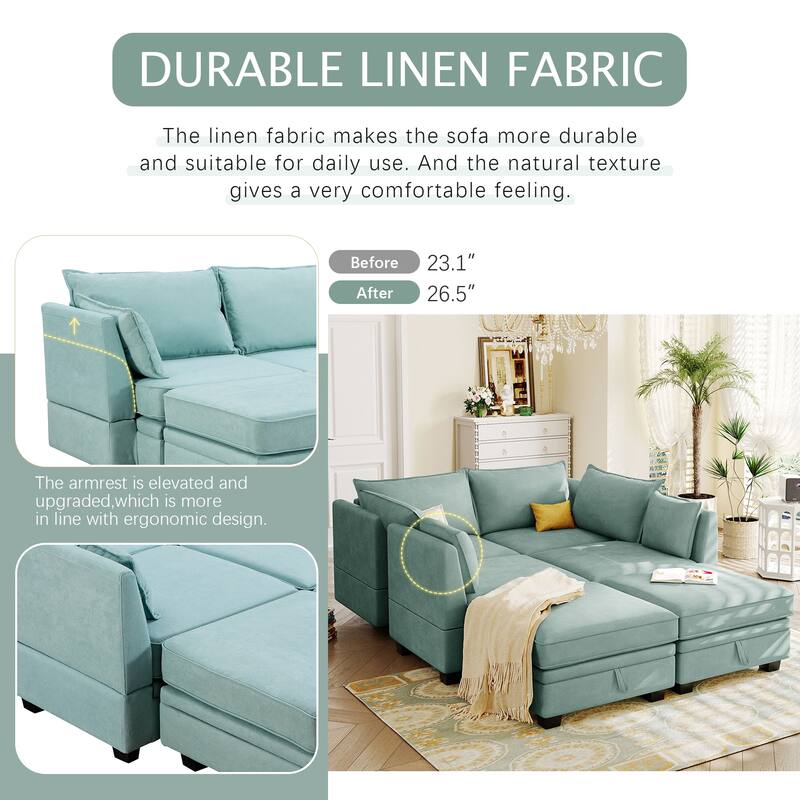 115.1" Linen U-Shaped Sectional Sofa with Sleeper & Storage Chaise