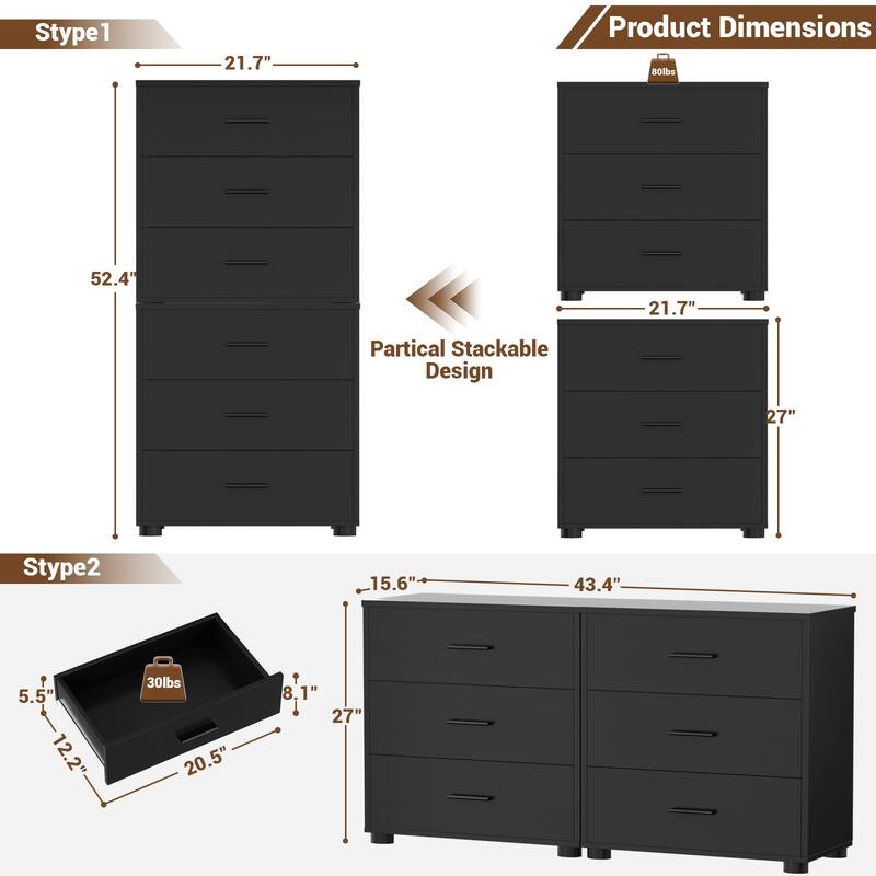 2-Pack Dressers with 6 Storage Drawers, Closet Organizers for Bedroom and Walk-in Closet