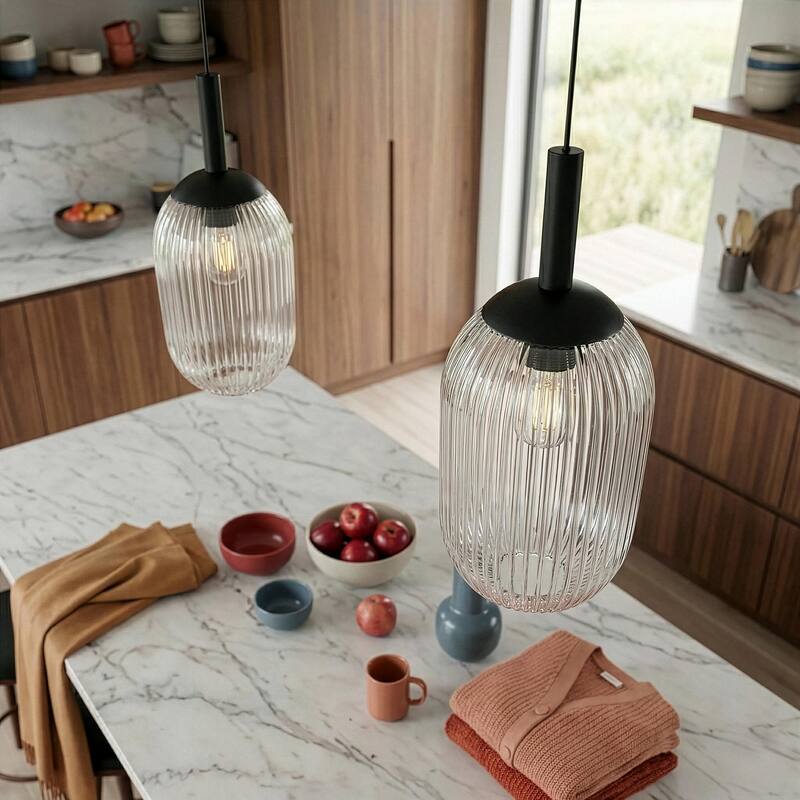 Teen Black Modern Pendant Light with Ribbed Glass Shade