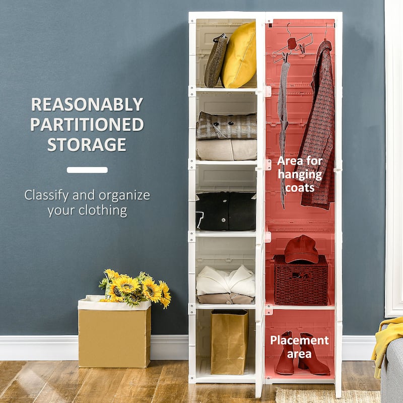 HOMCOM Portable Wardrobe Closet, Clothes Storage Organizer with Cube Compartments, Hanging Rod, Magnet Doors