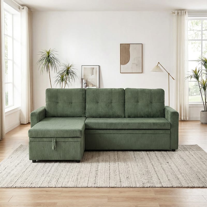 79" W L Shaped Reversible Convertible Pull Out Couch Bed Sleeper Sofa - Green-Corduroy
