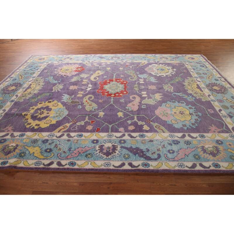 Purple Floral Oushak Indian Area Rug Handmade Wool Carpet - 8'10"x 11'8"