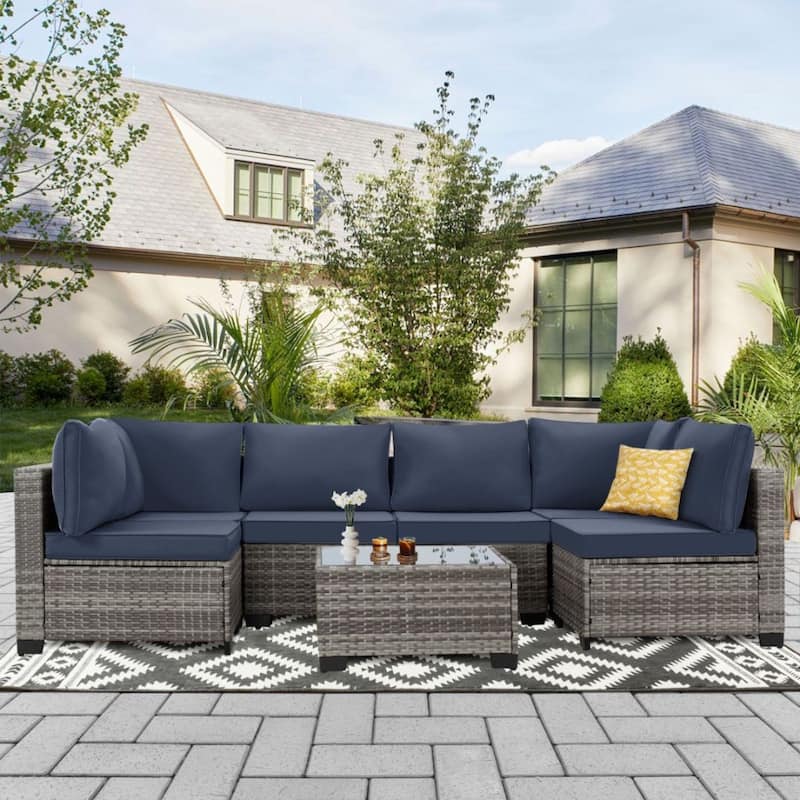 7-Piece Wicker Patio Conversation Set with Cushions,6 Sofas, 1 Table - Blue