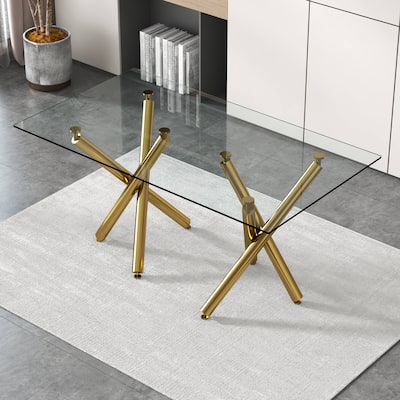 Modern Minimalist Rectangular Glass Dining Table for 6 or 8 with 0.39 inch Tempered Glass Tabletop and Golden Metal Legs