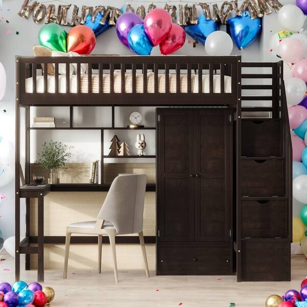 slide 2 of 18, Modern Twin Size Loft Bed With Bookshelf,Drawers,Desk And Wardrobe,Solid Construction Espresso