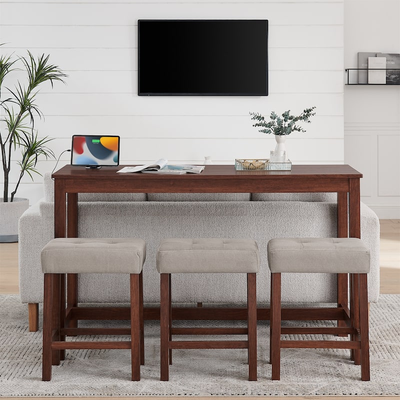 59" Counter Height Bar Table Set with Power Outlet, Industrial Breakfast Table with 3 Stools, 4 Piece Bar Table and Chairs Set - Cherry